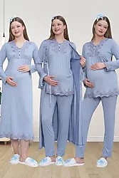 Mecit 1519 Sabahlıklı Mavi Lohusa Gecelik ve Pijama Seti