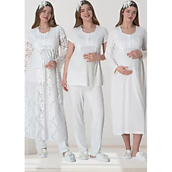 Mecit 6060 Dantel Sabahlıklı Ekru Lohusa Gecelik ve Pijama Takımı