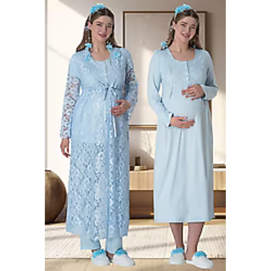 Mecit 6060 Dantel Sabahlıklı Lohusa Gecelik ve Pijama Takımı