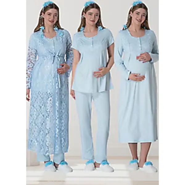 Mecit 6060 Dantel Sabahlıklı Mavi Lohusa Gecelik ve Pijama Takımı