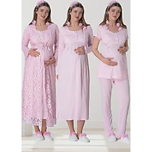 Mecit 6060 Dantel Sabahlıklı Pembe Lohusa Gecelik ve Pijama Takımı