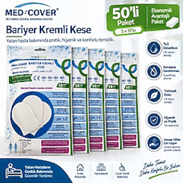 Med-Cover Bariyer Kremli Kese 50'li (5X10) Yatan Hasta Temizlik Kesesi