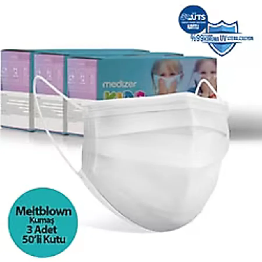 Medizer 3 Katlı Ultrasonik Meltblown 50'li 3 Paket Çocuk Cerrahi Ağız Maskesi Beyaz