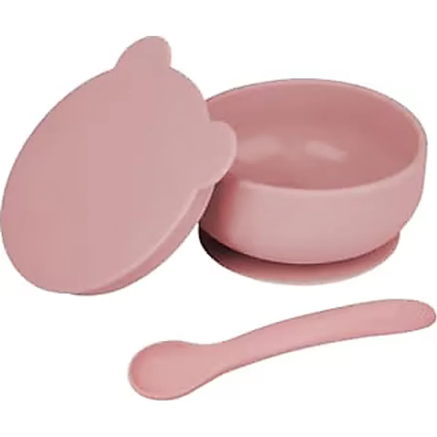 Meleni Baby 2'li Bebek Beslenme Seti - Vakumlu Silikon Kapaklı Mama Kasesi - Diş Kaşıyıcı Mama Kaşığı - Pembe