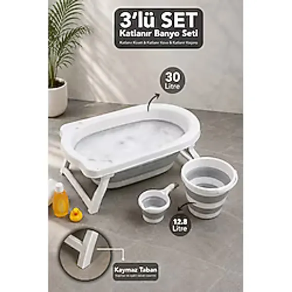 Meleni Baby 3'Lü Katlanabilir Banyo Seti - Katlanabilir Kaymaz Taban Çocuk Banyo Küveti Büyük Kova Maşrapa Gri
