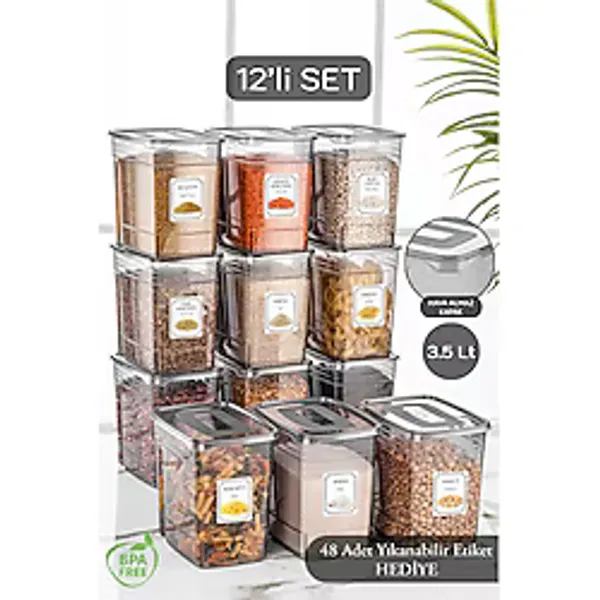 Meleni Home 12'li Mega Set - 3,5 Litre Lena Etiketli Erzak Saklama Kabı - Kiler Dolap Düzenleyici Bakliyat Kabı
