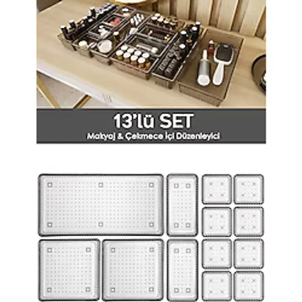 Meleni Home 13'lü Çekmece İçi Organizer - Kozmetik Takı Makyaj Organizeri Dolap İçi Düzenleyici - Antrasit