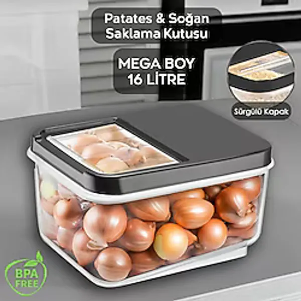 Meleni Home 16 Litre Sürgülü Kapak Sebzelik, Patates Soğan Sebze Saklama Kabı, Erzak Saklama Kabı-antrasit