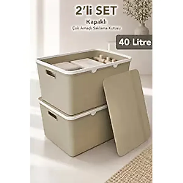 Meleni Home 2'li Dekoratif Saklama Kutusu - Kapaklı Banyo Mutfak Organizer Dolap İçi Düzenleyici 40lt Bej