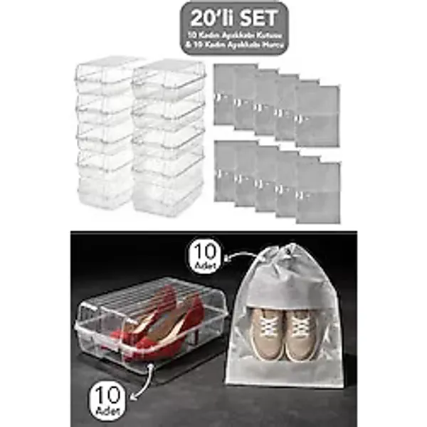 Meleni Home 20'li Set - 10 Adet Kadın Ayakkabı Kutusu Ve 10 Adet Ayakkabı Saklama Hurcu Düzenleyici Organizer Şeffaf