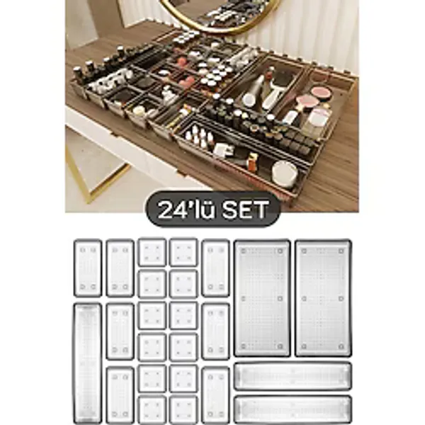 Meleni Home 24'lü Multi Set - Çekmece İçi Düzenleyici - Banyo Makyaj ve Takı Organizer Siyah
