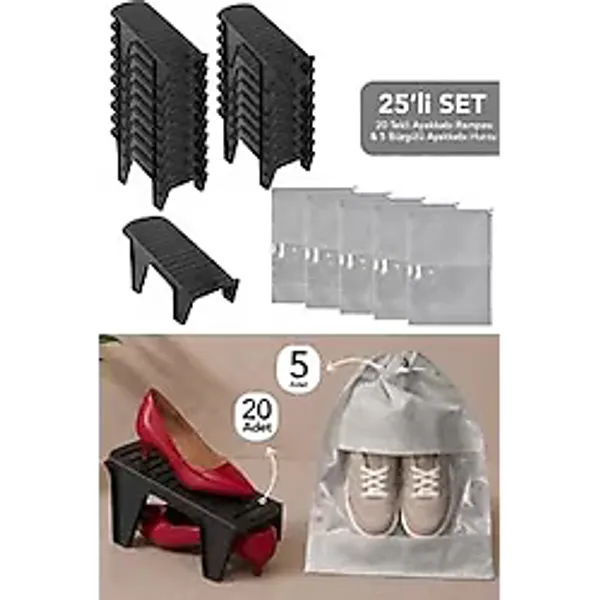 Meleni Home 25'li Set - 20 Tekli Ayakkabı Rampası Ve 5 Büzgülü Ayakkabı Hurcu Siyah