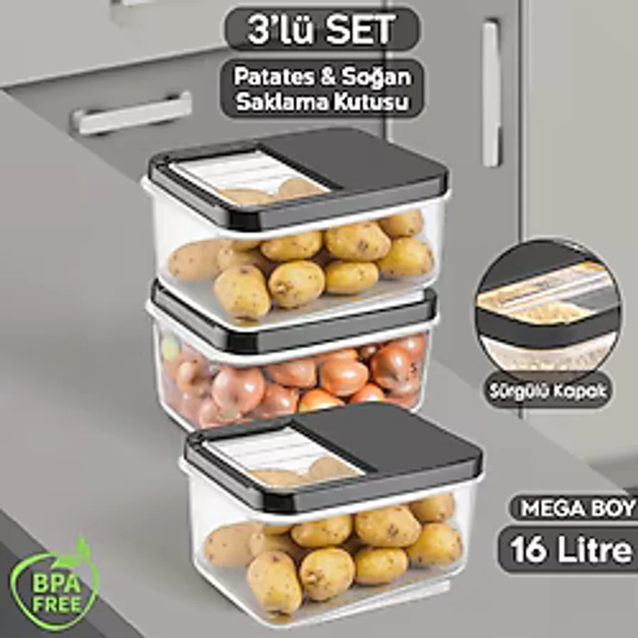 Meleni Home 3'lü 16 Litre Sürgülü Kapak Sebzelik, Patates Soğan Saklama Kabı, Erzak Saklama Kabı-antrasit
