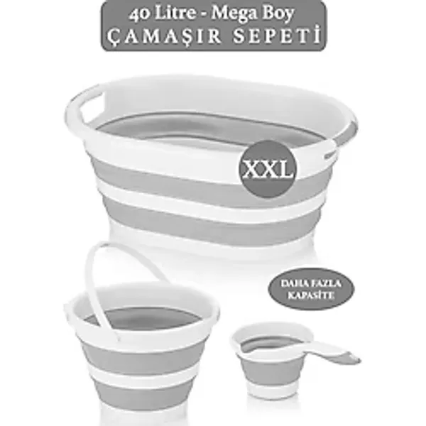 Meleni Home 3'lü Mega Set Katlanır Çamaşır Sepeti - Katlanabilir Akordiyon Su Kovası - Katlanır Koçero Maşrapa