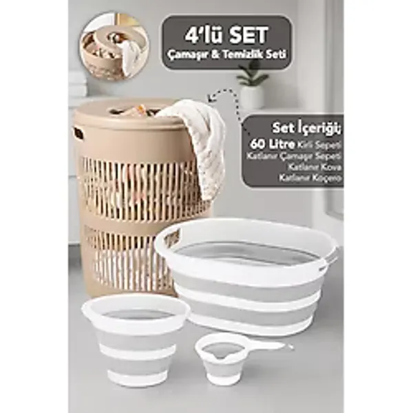 Meleni Home 4'lü Set - 60 Lt Solara Kirli Sepeti Bej, Katlanabilir Silikon Çamaşır Sepeti, Su Kovası, Maşrapa