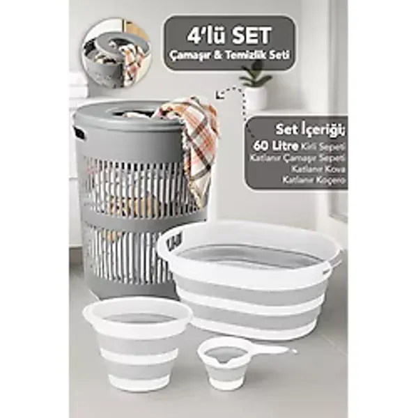 Meleni Home 4'lü Set - 60 Lt Solara Kirli Sepeti Gri, Katlanabilir Silikon Çamaşır Sepeti, Su Kovası, Maşrapa