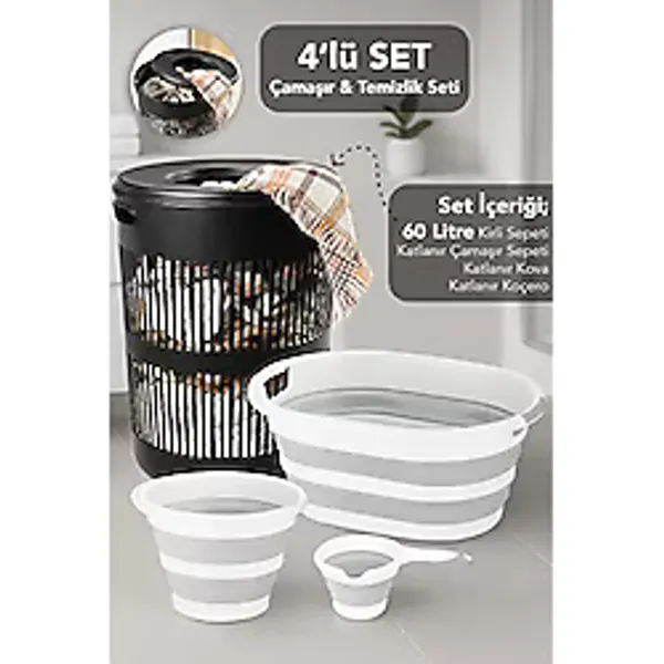Meleni Home 4'lü Set - 60 Lt Solara Kirli Sepeti Siyah, Katlanabilir Silikon Çamaşır Sepeti, Su Kovası, Maşrapa