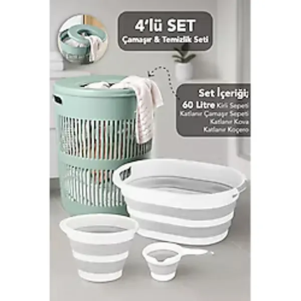 Meleni Home 4'lü Set - 60 Lt Solara Kirli Sepeti Yeşil, Katlanabilir Silikon Çamaşır Sepeti, Su Kovası, Maşrapa