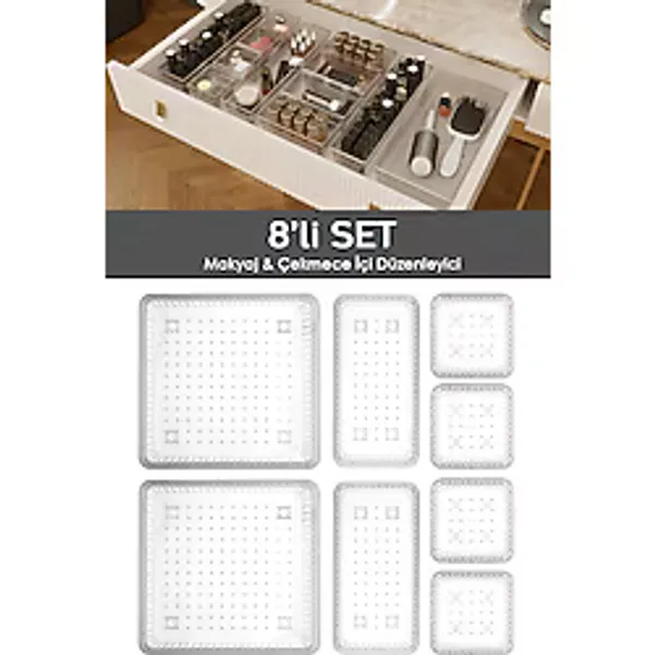 Meleni Home 8'li Çekmece İçi Çok Amaçlı Organizer -Kozmetik Takı Makyaj Organizeri Dolap İçi Düzenleyici Şeffaf