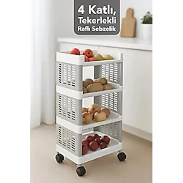 Meleni Home Tekerlekli Çok Amaçlı Mutfak Rafı - 4 Katlı Patates Soğanlık Organizer Düzenleyici Sebzelik Gri