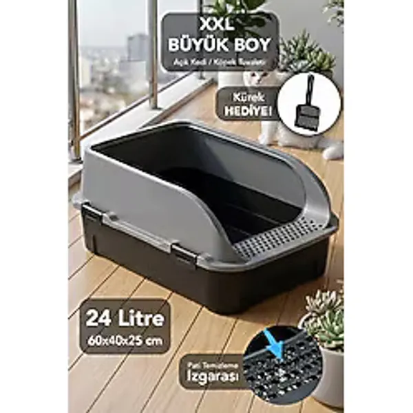 Meleni Home Xxl Boy Açık Kedi Tuvaleti - Köpek Evcil Hayvan Tuvalet Kum Kabı Kürek Hediye 60x42x25 Cm Gri