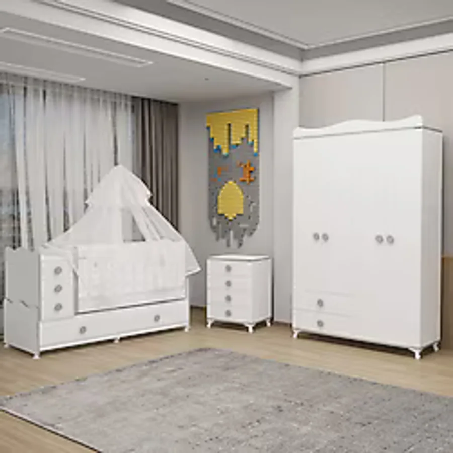 Melina Yıldız 4 Kapaklı Bebek Odası + Yatak + Uyku Seti - Gri Beyaz