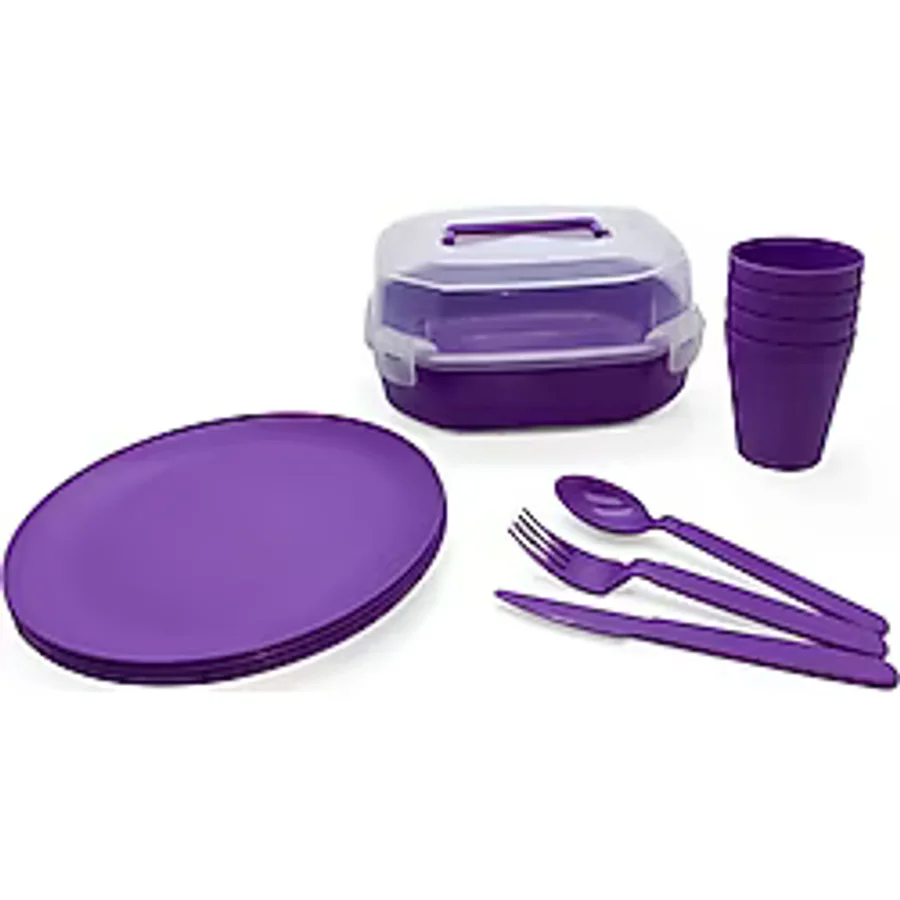 Melkan Home 4 Kişilik Piknik Seti Kare Piknik Seti 4 Kişilik 22 Parça Mor Kilitli Kutulu Piknik Seti Mor