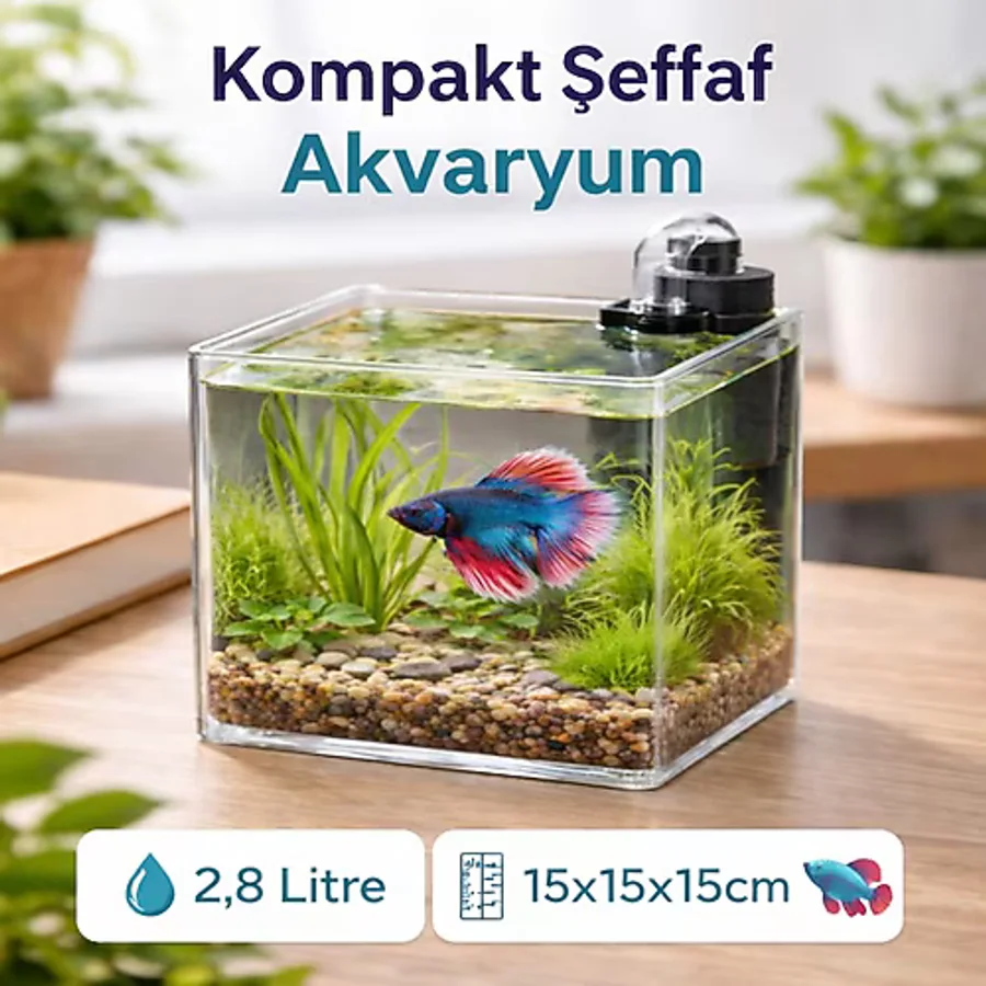 Melkan Home Kristal Şeffaf Nano Akvaryum Küpü 2,8 Litre - 15X15X15 cm Mini Betta ve Karides Akvaryumu