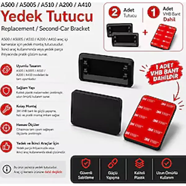 Memania Co 2 Adet 70MAI Pro Plus A500 / A500S / A510 / A200 / A410 Araç Kamerası İçin Yedek Tutucu (1 Adet 3M Çift Taraflı Bant) - Siyah