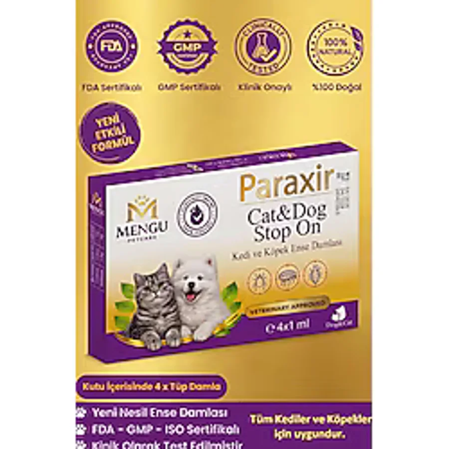 mengu petcare Paraxir Kedi ve Köpek Damlası Pire Dış Parazit Bit Kene Deri Bakımı İçin Bitkisel Damla ( 1-10 Kg ) 4 Tüp x 1 ml