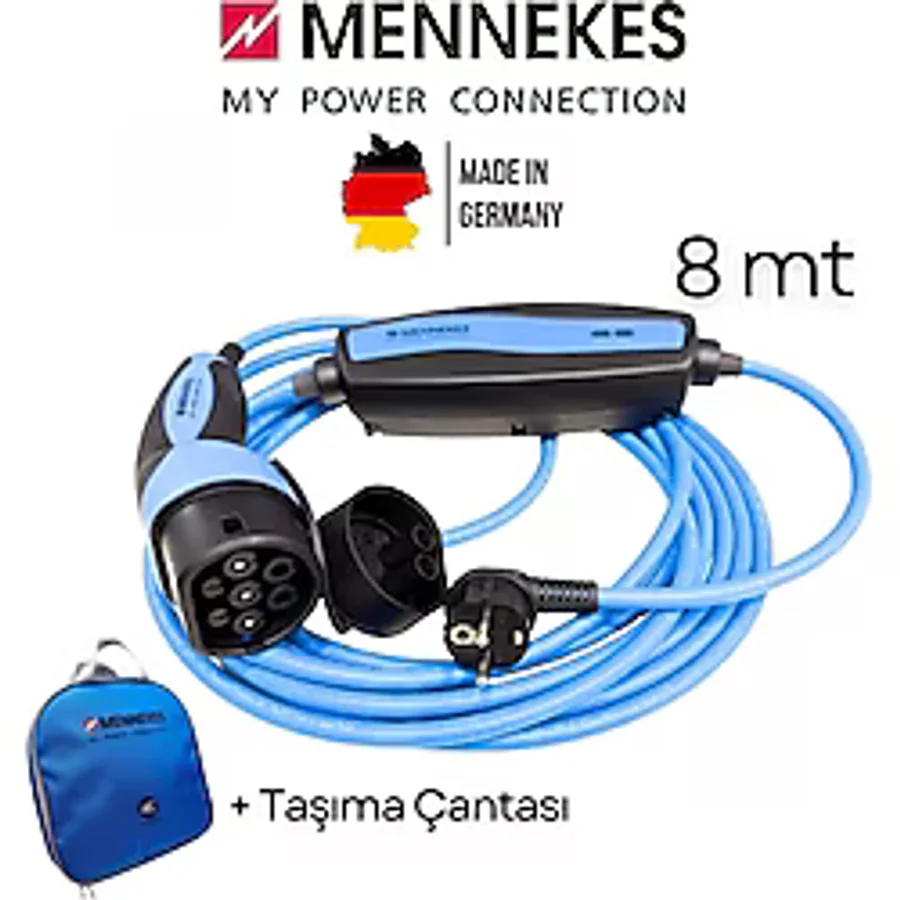 Mennekes Ev Tipi Elektrikli Araç Şarj Kablosu - 8mt - 3kw - Tip2 Soketli - Taşınabilir Mobil Şarj Kablosu