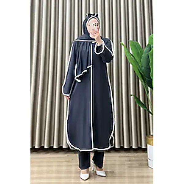 mercan moda ALİZE 3 LÜ TAKIM Kristal Kumaş Kadın Antrasit Şerit Detaylı Pantolon-Tunik-Şal Üçlü Tesettür Şık Takım
