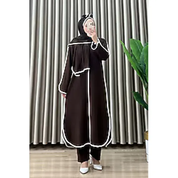 mercan moda ALİZE 3 LÜ TAKIM Kristal Kumaş Kadın Kahverengi Şerit Detaylı Pantolon-Tunik-Şal Üçlü Tesettür Şık Takım