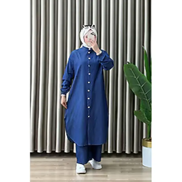 mercan moda AYSİMA TAKIM Kot Kumaş Kadın Koyu Mavi Düğmeli Tunik ve Pantolon İkili Tesettür Takım