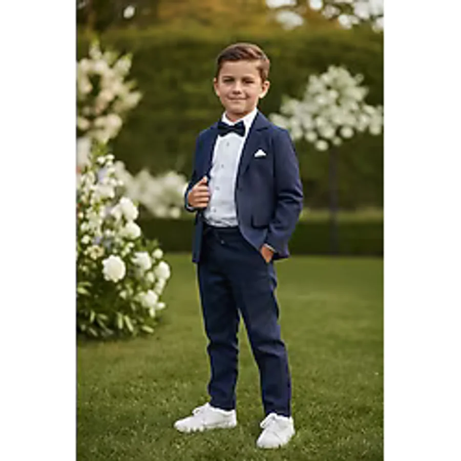 Merdia Kids Erkek Çocuk Flamlı Keten Takım Elbise (Ceket, Gömlek, Papyon ve Ipli Pantolon) Lacivert - Regular Fit - 2 Yaş
