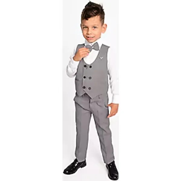 Merdia Kids Erkek Çocuk Smokin Takım Elbise Gömlek, Pantolon, 6 Düğmeli Yelekli, Papyonlu, Zincirli Gri