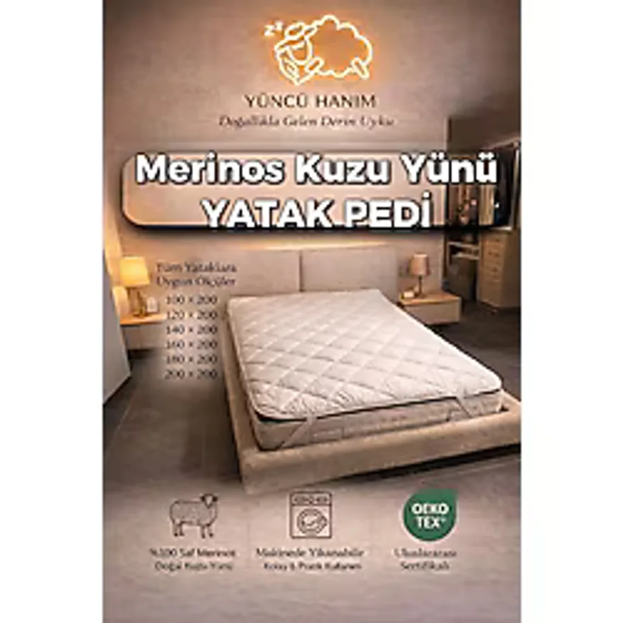 Merinos Kuzu Yünü Yatak Pedi, Yatak Koruyucu, Yatak Şiltesi (%100 MERİNOS KUZU YÜNÜ) - 120 x 200 cm
