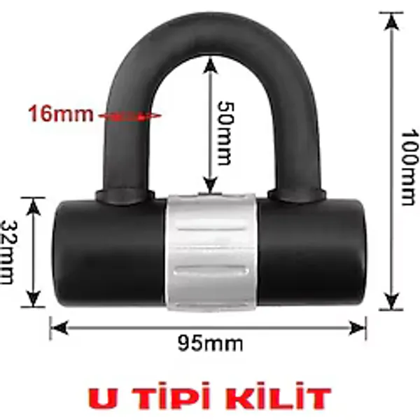 Merpa Motosiklet Kesilmez Çelik U Tipi Bar Disk Kilidi 16MM Kalınlıkla Güven Verir - Siyah