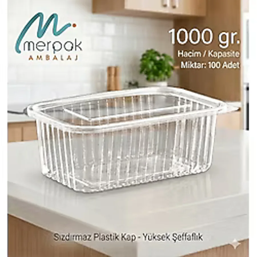 Merpak Ambalaj Plastik Saklama Kabı 1000 gr 100'lü Kapaklı Sızdırmaz Kap Şeffaf Kullan At Kase