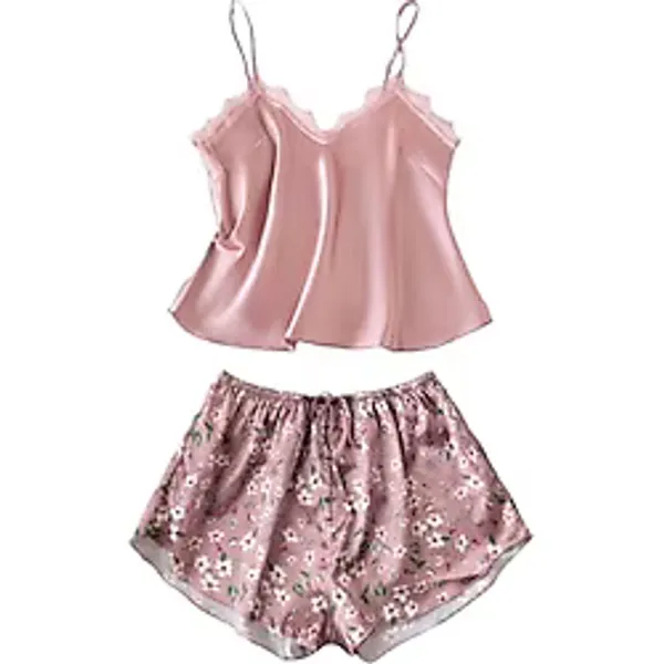 Merry See Dantel İşlemeli Çiçek Desenli Şort Pijama Takımı Pembe XS