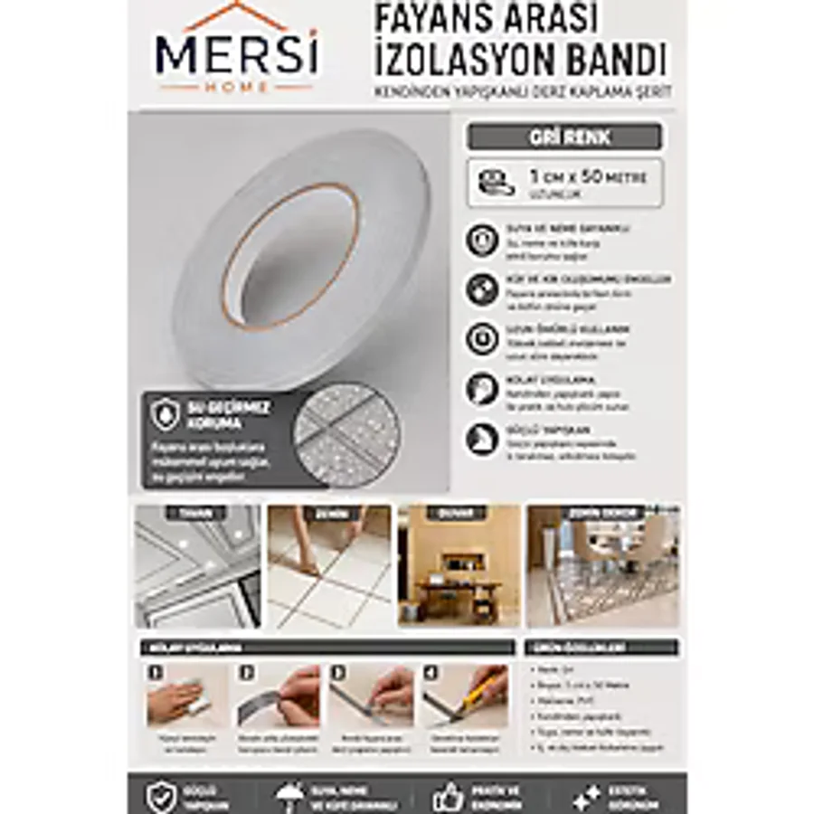 Mersi SHOP Fayans Arası İzolasyon Bandı Gri - Kendinden Yapışkanlı 1 cm x 50 Metre Derz Kaplama Şerit
