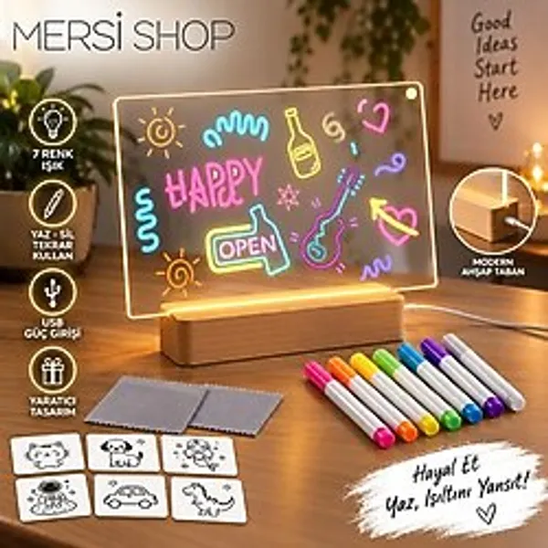 Mersi Shop LED Yazı Panosu Işıklı Akrilik Not Tahtası 7 Renk Kalemli Dekoratif Masa Lambası - 1 ADET