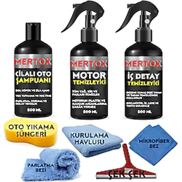 Mertox Araç Araba Otomobil Oto Temizlik Ve Bakım Seti Cilalı Oto Şampuanı+Motor+İç Detay Temizleyici 3X500ml Temizleme Solüsyon Bakım Koruma