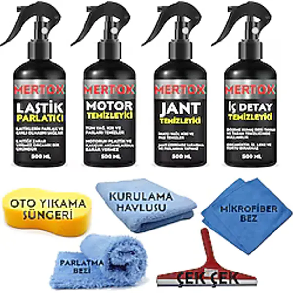 Mertox Araç Araba Otomobil Oto Temizlik Ve Bakım Seti Motor Jant İç Detay Temizleyici Ve Lastik Parlatıcı 4X500ml Temizleme Solüsyon Bakım Kor