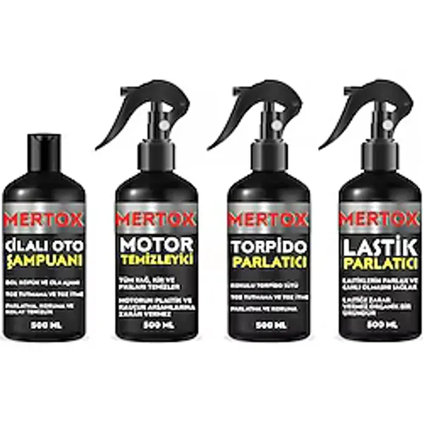 Mertox Otomobil Araç Araba Oto Temizlik Seti Ürünleri Oto Şampuanı Motor Temizleyici Torpido+Lastik Parlatıcı 4X500ML