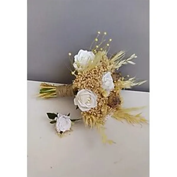 Merveparti Gelin Buketi Beyaz Gül Ve Cipso Buğday Ve Kuşotu Gelin Çiçeği Damat Yaka Çiçeği
