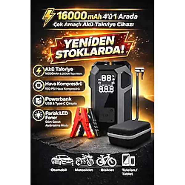 Merwish 16000mah 4'ü 1 Arada Akü Takviye Cihazı 2000a Hava Kompresörü Powerbank Led Fener Dijital Ekran Çantalı