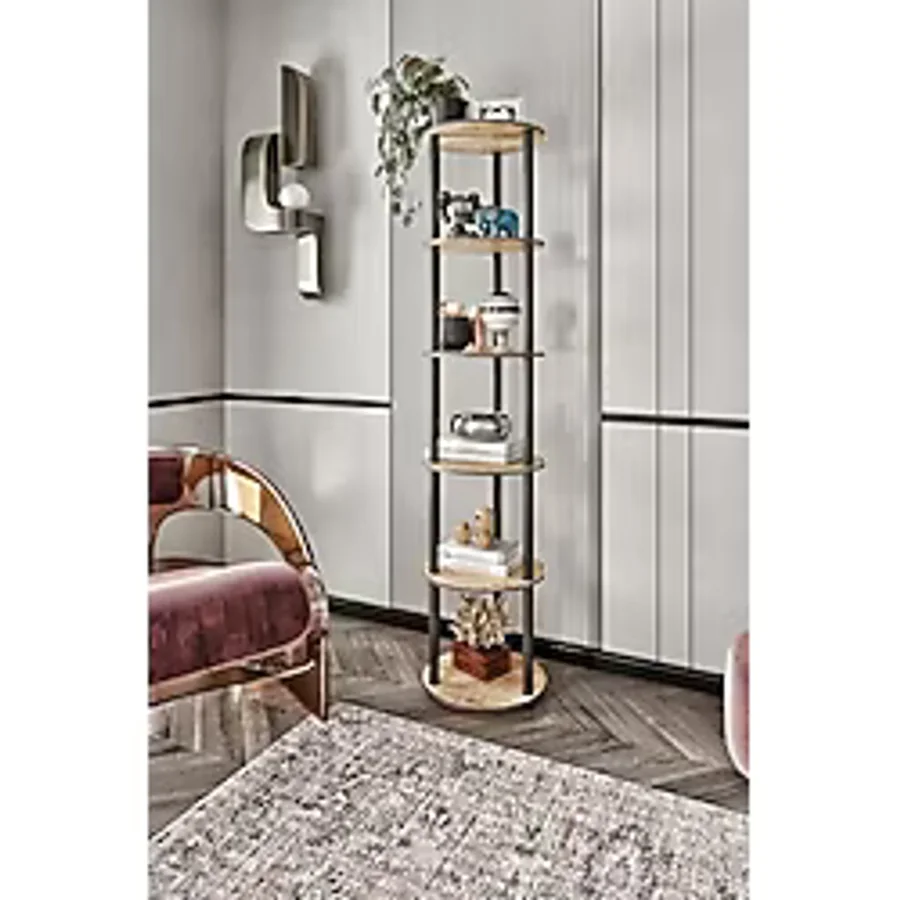 Messer 6 Katlı Dekoratif Ahşap Köşe Raf Ünitesi Modern Salon ve Ofis Düzenleyici Kitaplık, Saksılık, Biblo Standı Şık ve Fonksiyonel Tasarım (Meşe, Round)