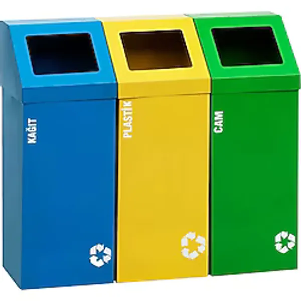 Metal 3'Lü Geri Dönüşüm Sıfır Atık Kutusu Elektrostatik Toz Boyalı (Plastik-Kağıt-Cam)