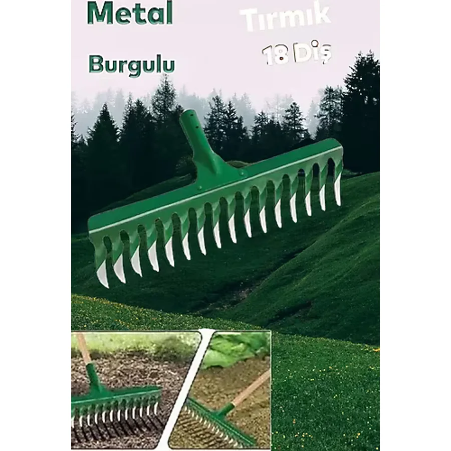 Metal Burgulu Bahçe Tarla Tırmık 18 Diş Çim Peyzaj Yaprak Ot Saman Temizleme Toprak İşleme Tırmığımf